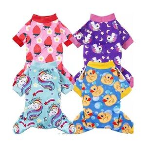 4 Piece Dog Pajama Onesie Bundle, Large, EUC Unicorn Duck Strawberry